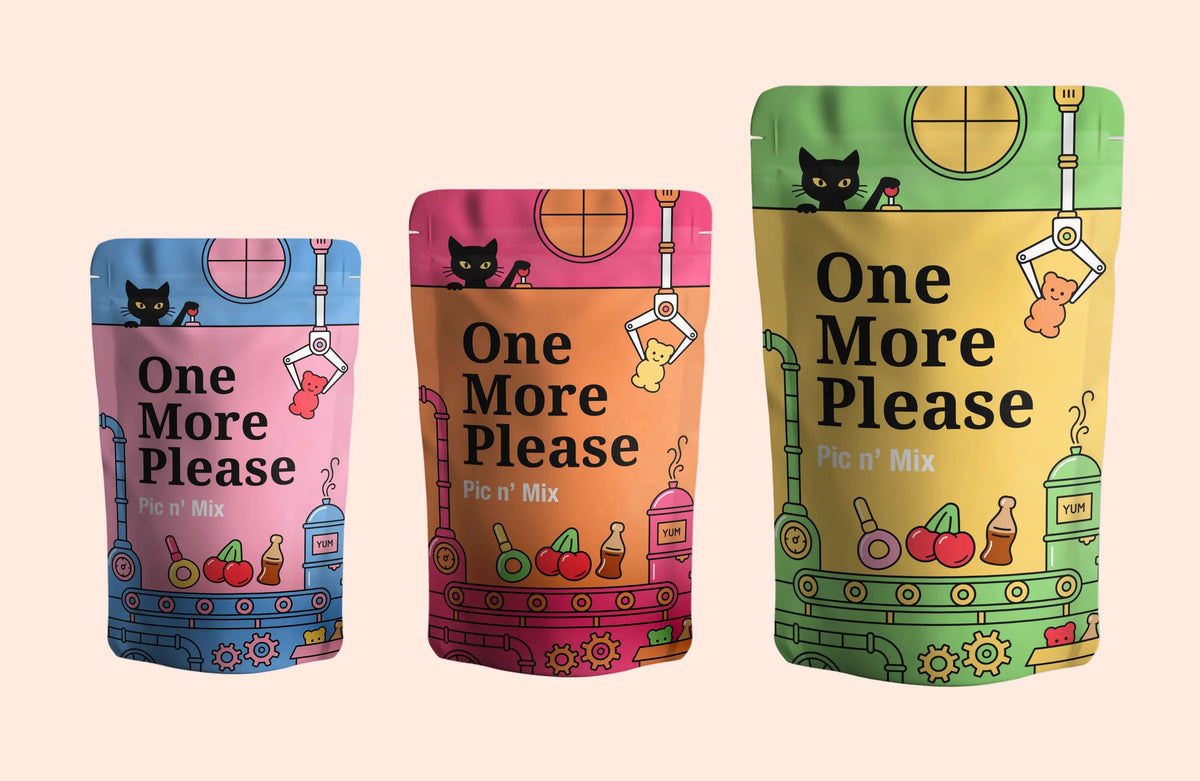 Three different size packages of 'One More Please' Pic n Mix sweets, small, medium & large